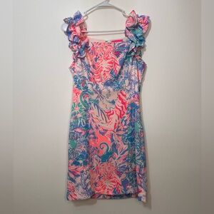 Lilly Pulitzer Steffi Stretch Shift Dress Size 4 Pink and Blue Floral Ruffle